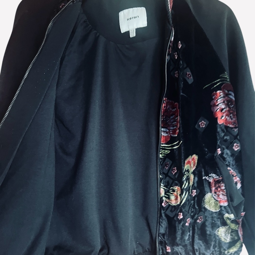 Black and Pink Floral Bomber Jacket Velvet Finish - Picture 2 of 5